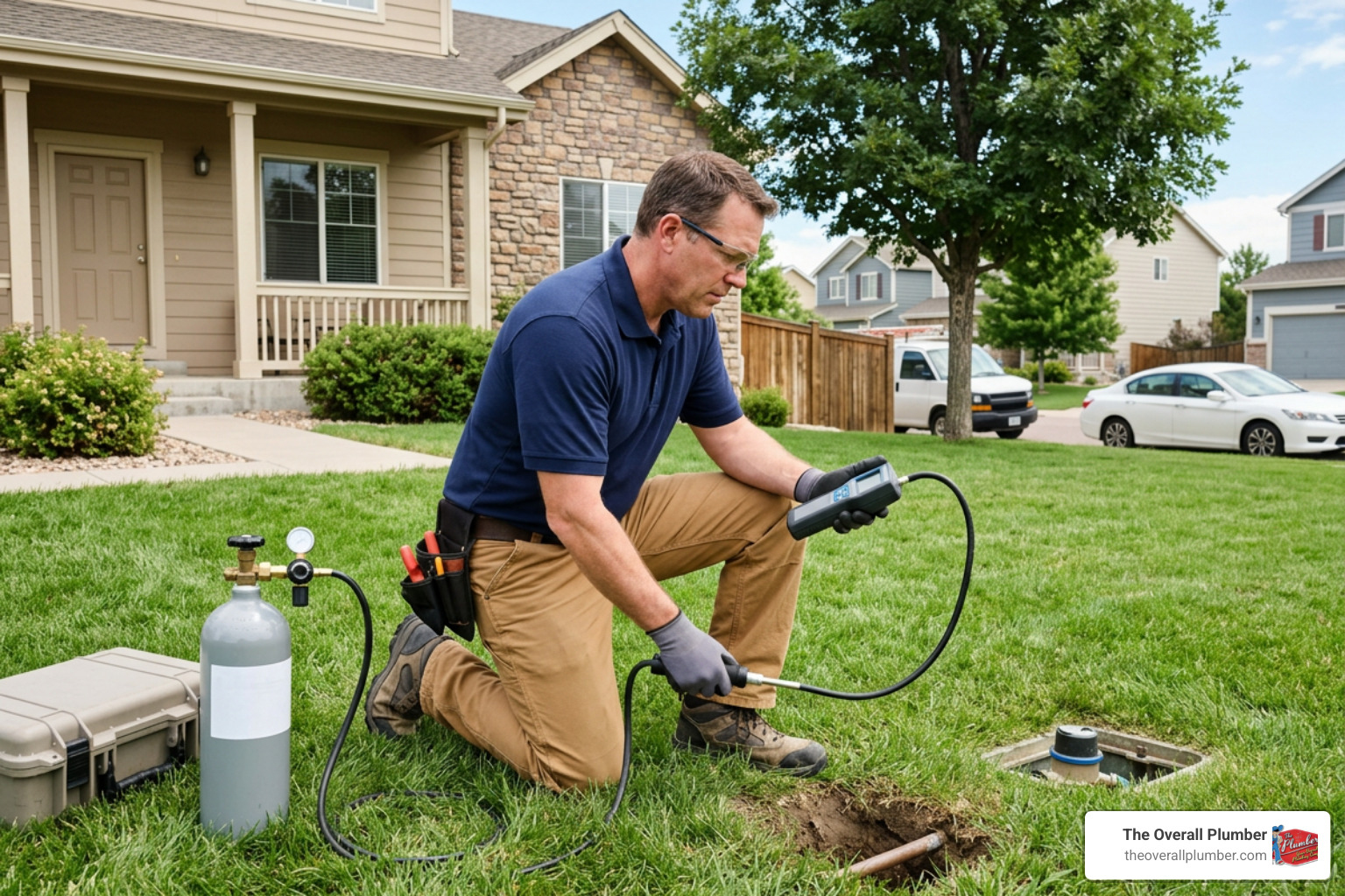technician using tracer gas equipment to locate underground leak technician using tracer gas equipment to locate underground leak