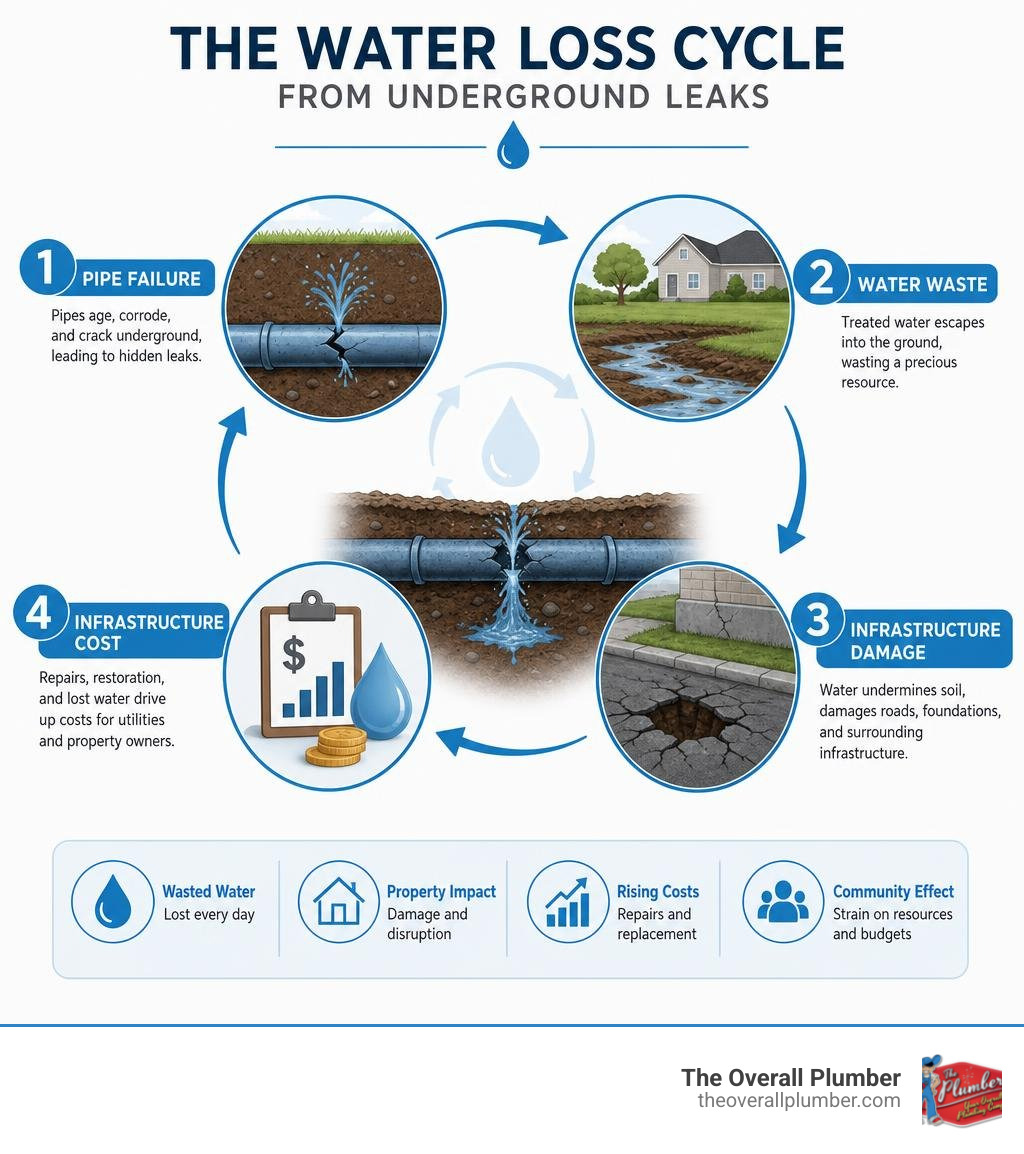 Water loss cycle from underground leaks showing pipe failure water waste and infrastructure cost infographic Water loss cycle from underground leaks showing pipe failure water waste and infrastructure cost infographic