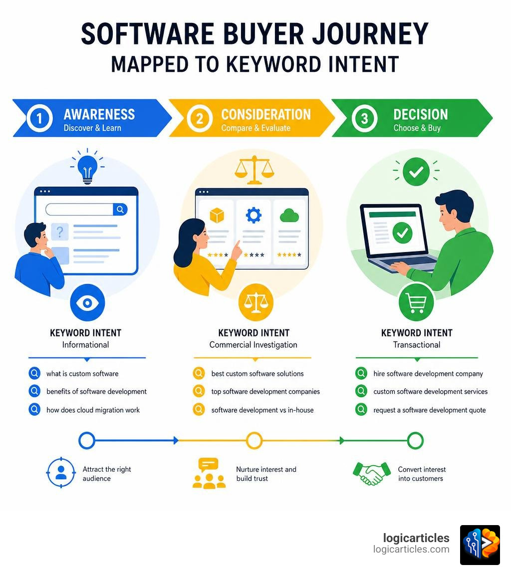 Software buyer journey stages mapped to keyword intent: awareness, consideration, decision infographic
