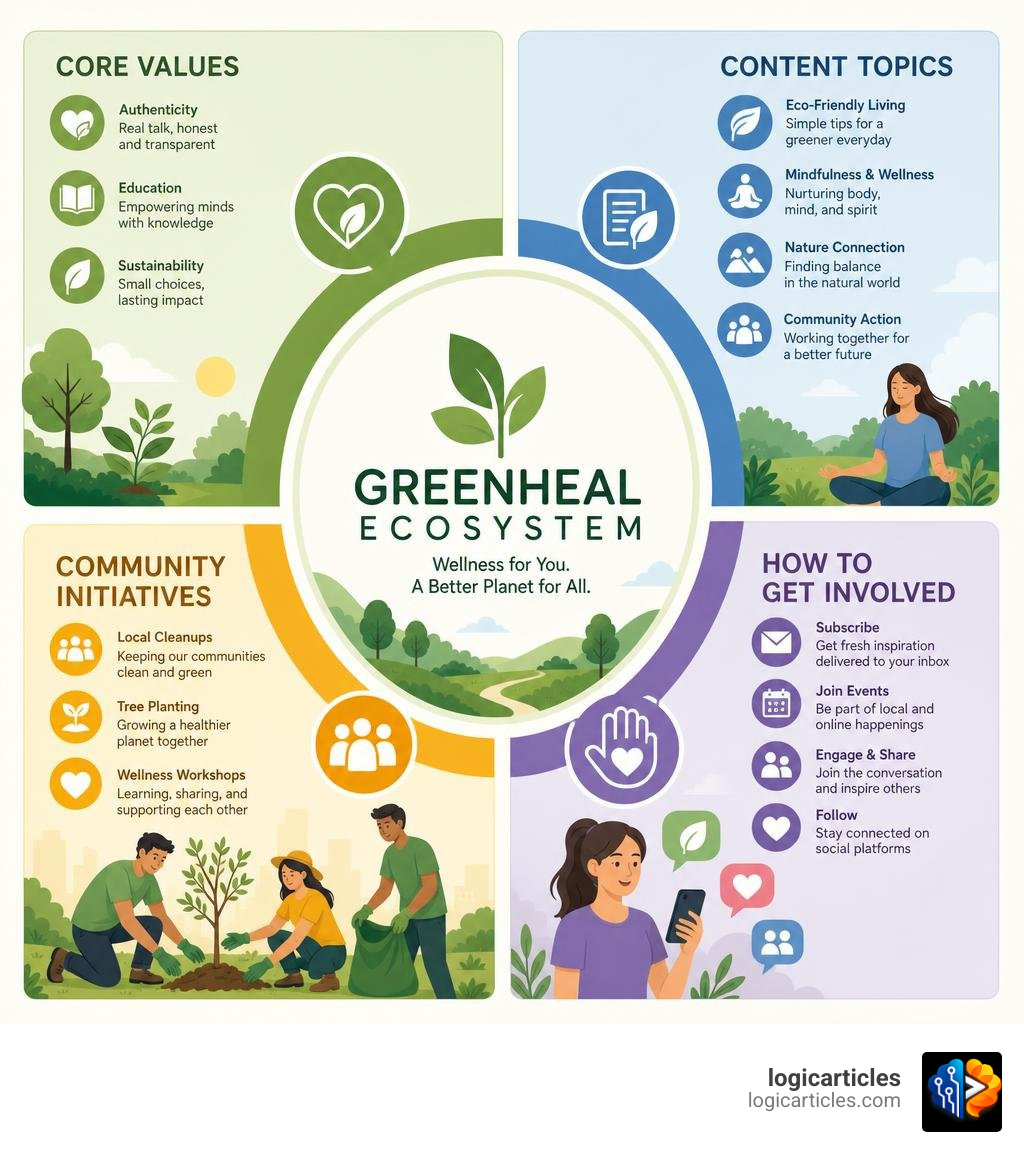 Infographic showing the Greenheal ecosystem: core values, content topics, community initiatives, and how to get involved
