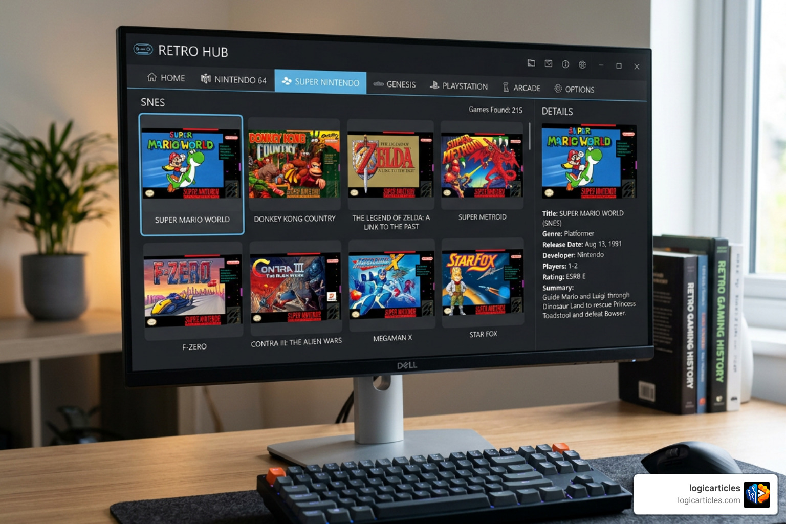 A modern emulation front-end interface displaying a clean grid of retro game covers, metadata details, and platform