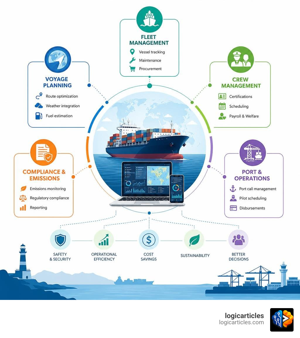 Maritime software ecosystem infographic showing fleet management, voyage planning, crew, compliance, and port operations Maritime software ecosystem infographic showing fleet management, voyage planning, crew, compliance, and port operations