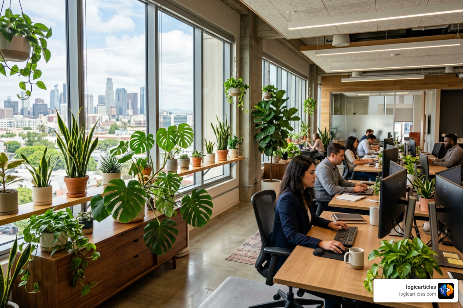 Biophilic office space design with natural lighting and plants