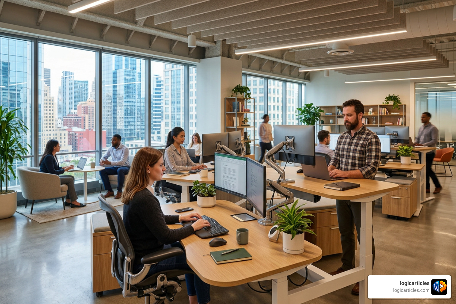 Modern commercial workspace with ergonomic desks and warm lighting