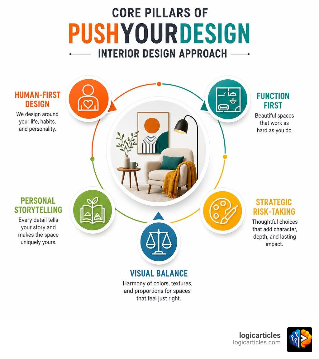 Core pillars of PushYourDesign interior design approach infographic infographic