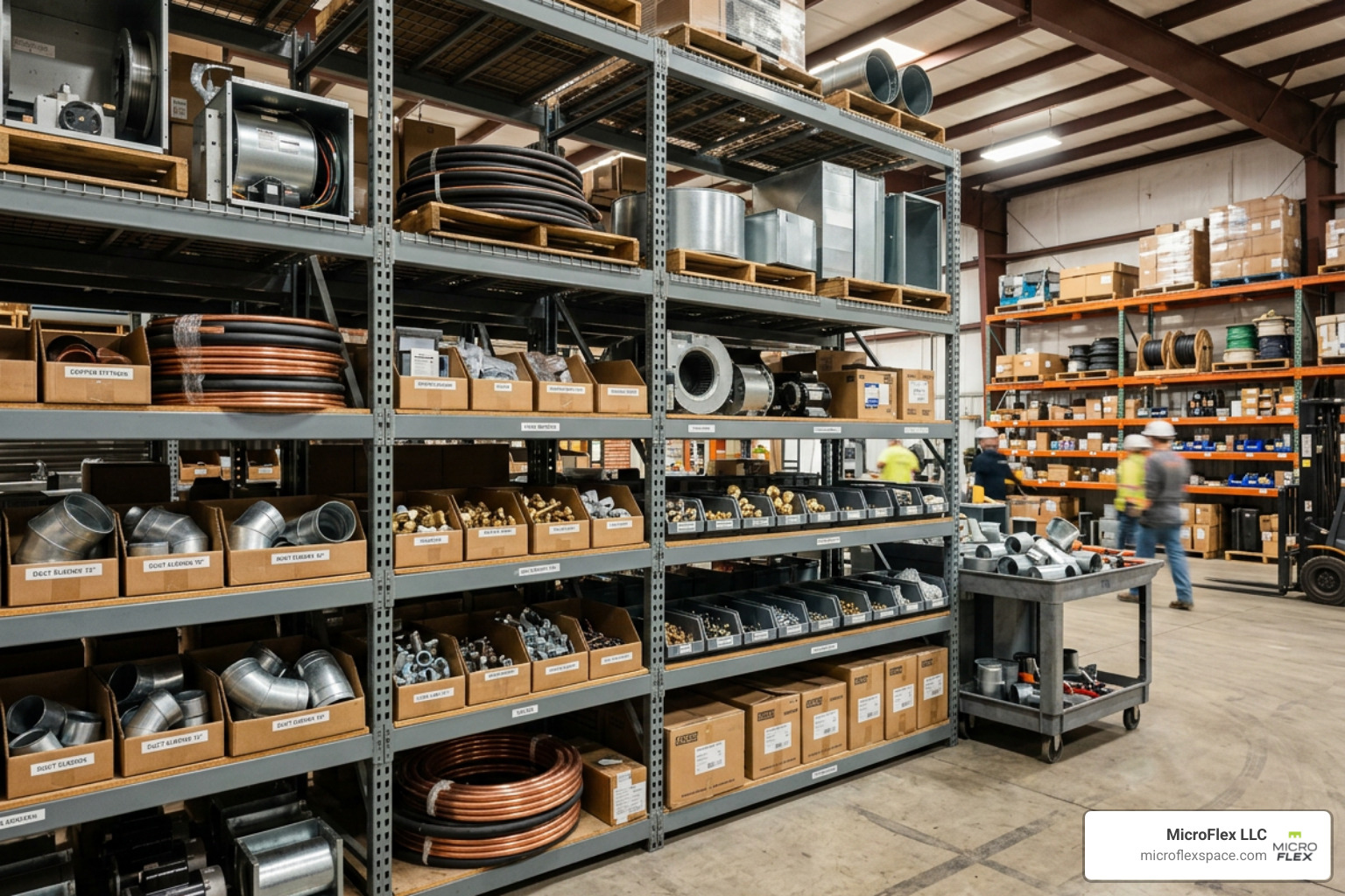 HVAC parts organized on heavy-duty shelving inside a contractor staging bay