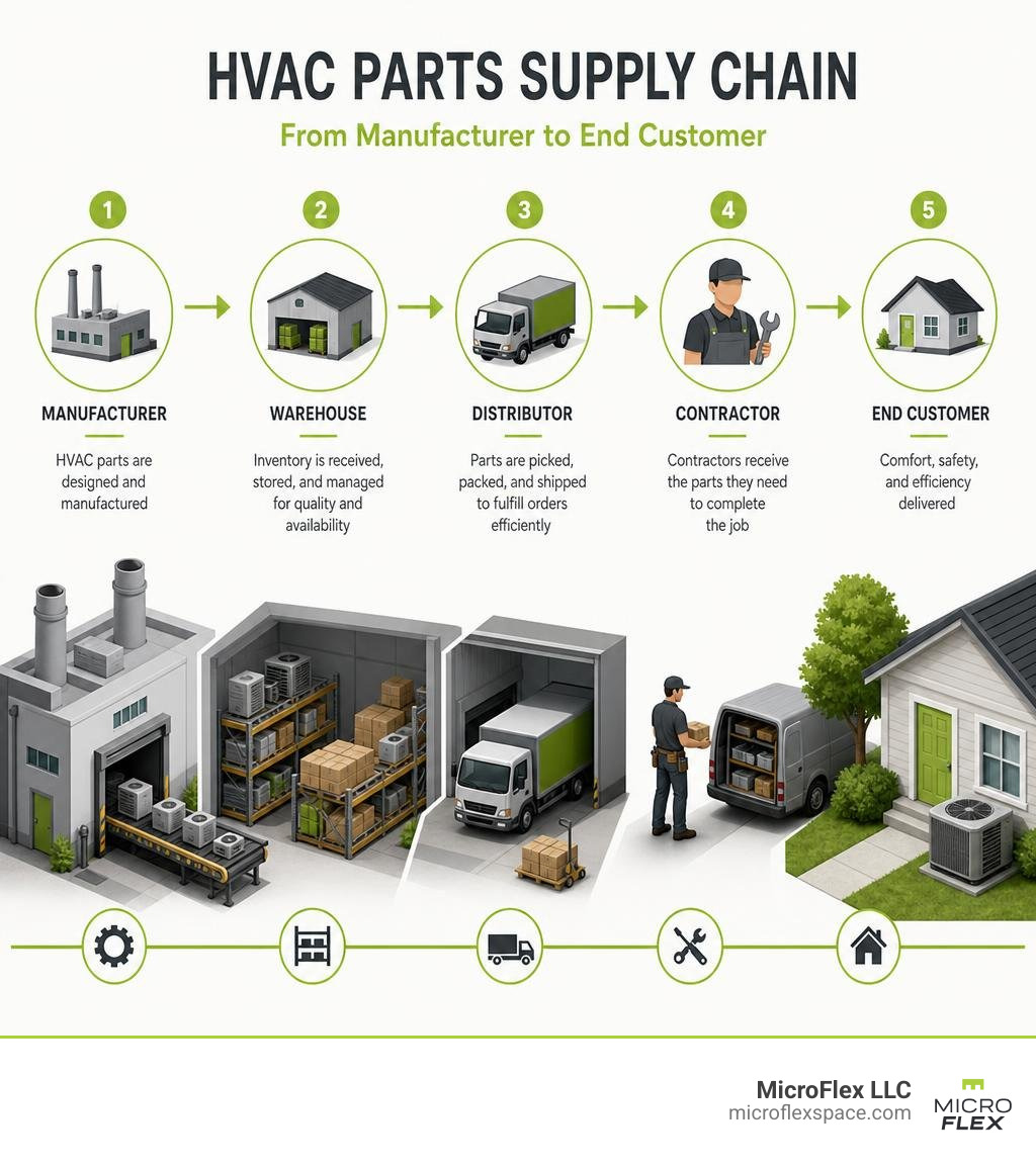 HVAC supply chain from manufacturer to contractor: manufacturer, warehouse, distributor, contractor, end customer infographic