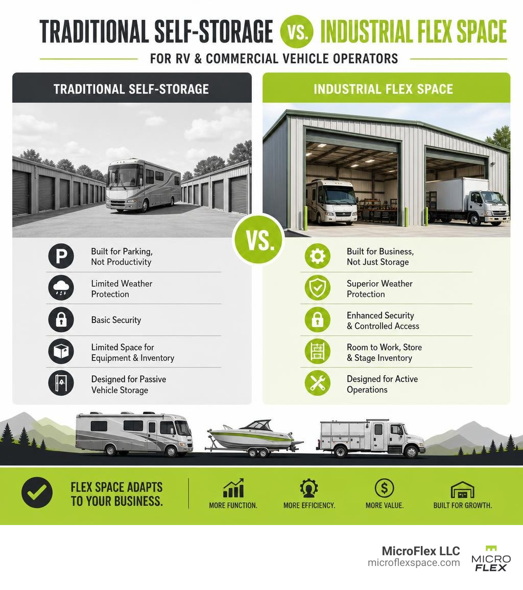 Comparison infographic: traditional self-storage vs industrial flex space for RV and commercial vehicle operators infographic Comparison infographic: traditional self-storage vs industrial flex space for RV and commercial vehicle operators infographic