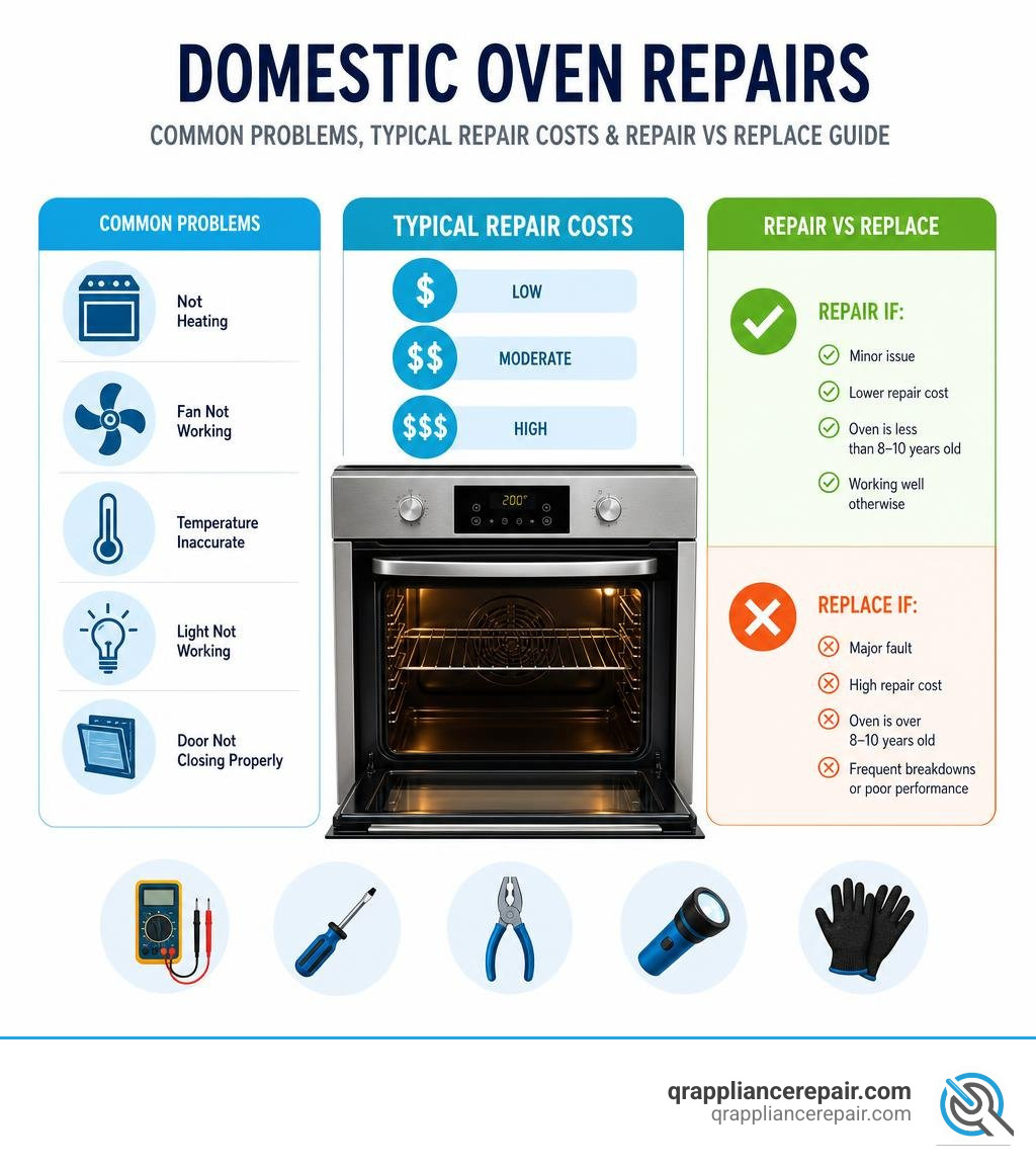 Infographic showing common domestic oven problems, typical repair costs, and repair vs replace guidance infographic Infographic showing common domestic oven problems, typical repair costs, and repair vs replace guidance infographic