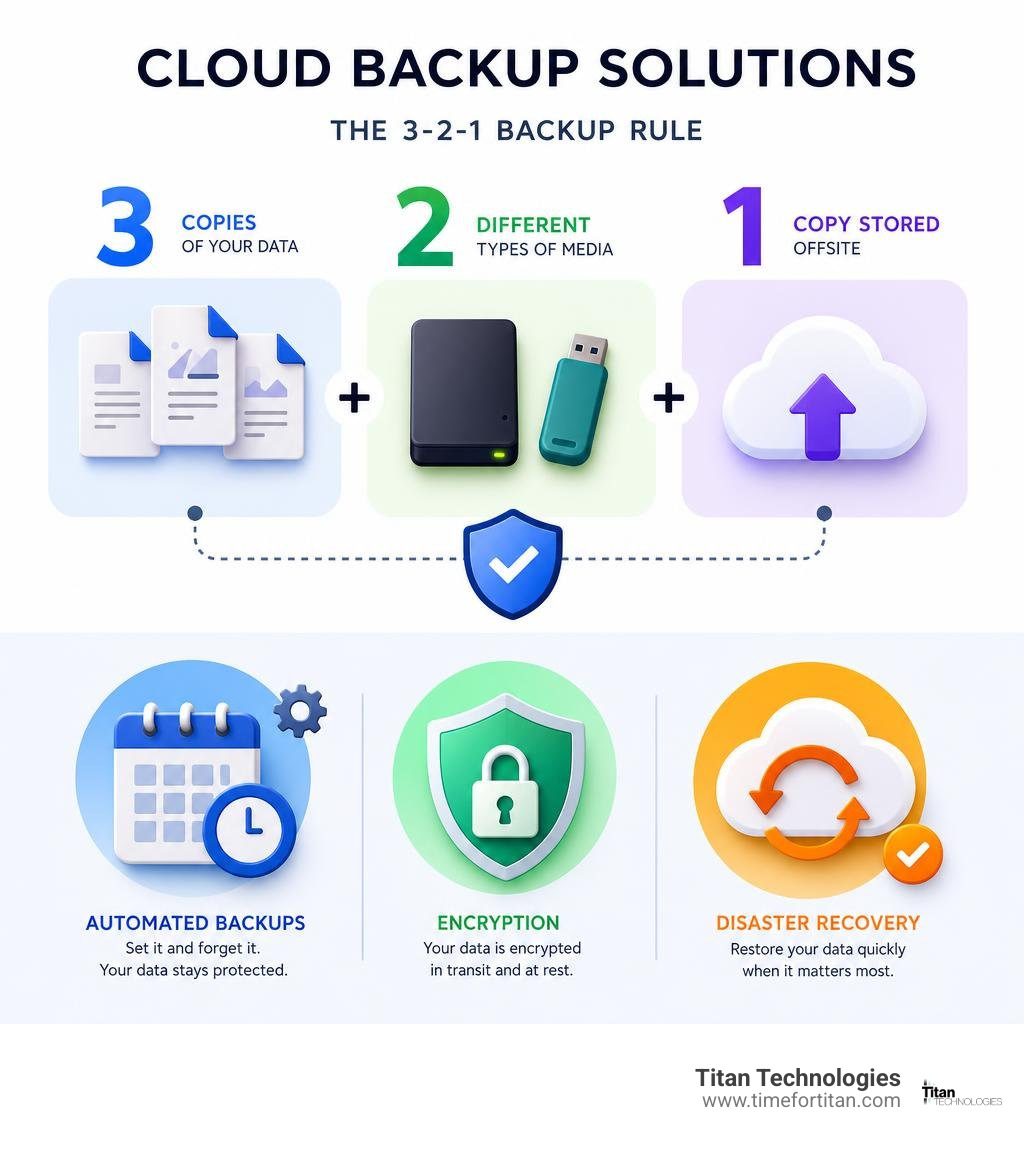 Infographic showing the 3-2-1 backup rule with three copies of data, stored on two different types of media, with one copy stored offsite in the cloud, alongside icons representing automated backups, encryption, and disaster recovery capabilities - Cloud backup solutions infographic Infographic showing the 3-2-1 backup rule with three copies of data, stored on two different types of media, with one copy stored offsite in the cloud, alongside icons representing automated backups, encryption, and disaster recovery capabilities - Cloud backup solutions infographic