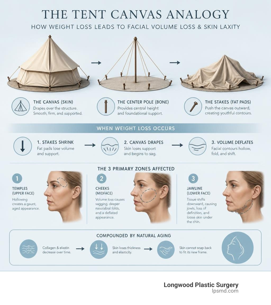 The Tent Canvas analogy of facial volume loss and skin laxity infographic The Tent Canvas analogy of facial volume loss and skin laxity infographic