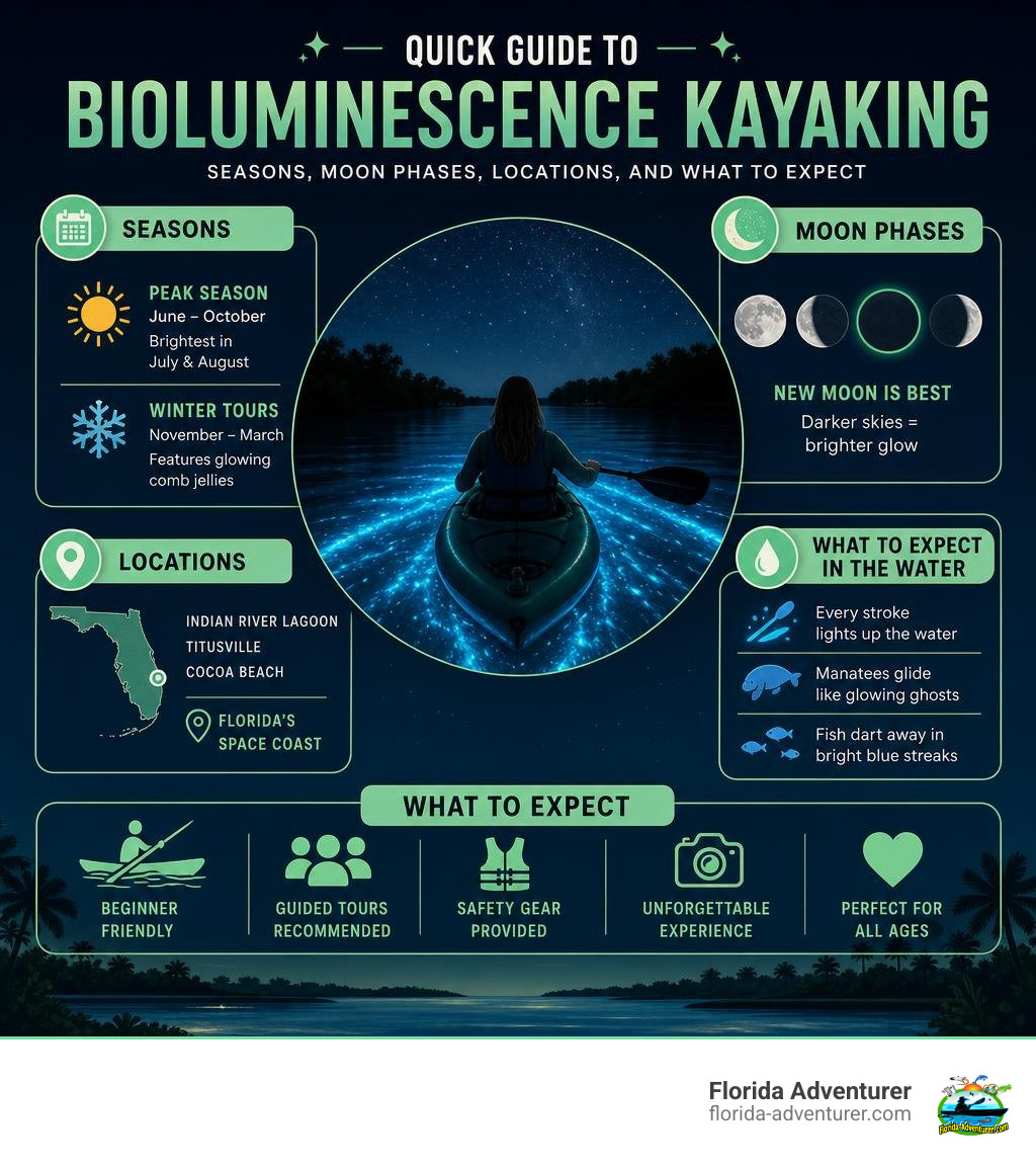 Quick guide to bioluminescence kayaking: seasons, moon phases, locations, and what to expect infographic