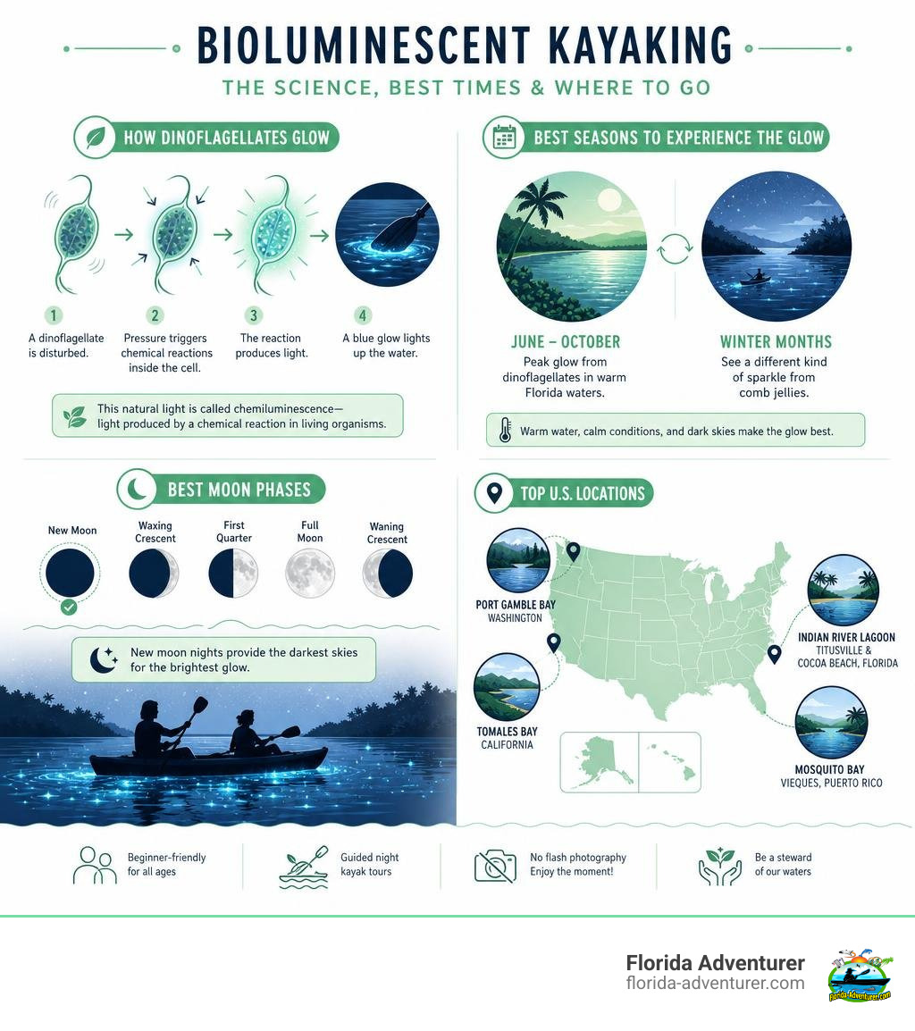 infographic showing how dinoflagellates glow, best seasons, moon phases, and top US locations infographic infographic showing how dinoflagellates glow, best seasons, moon phases, and top US locations infographic