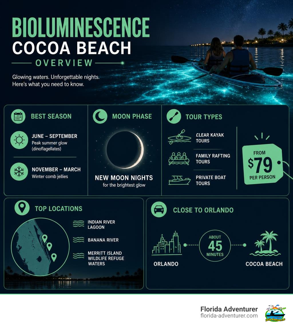 Infographic showing bioluminescence cocoa beach overview: best season, moon phase, tour types, locations, and pricing Infographic showing bioluminescence cocoa beach overview: best season, moon phase, tour types, locations, and pricing
