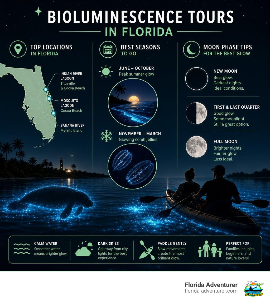 infographic showing top bioluminescence tour locations, best seasons, and moon phase tips for Florida infographic infographic showing top bioluminescence tour locations, best seasons, and moon phase tips for Florida infographic