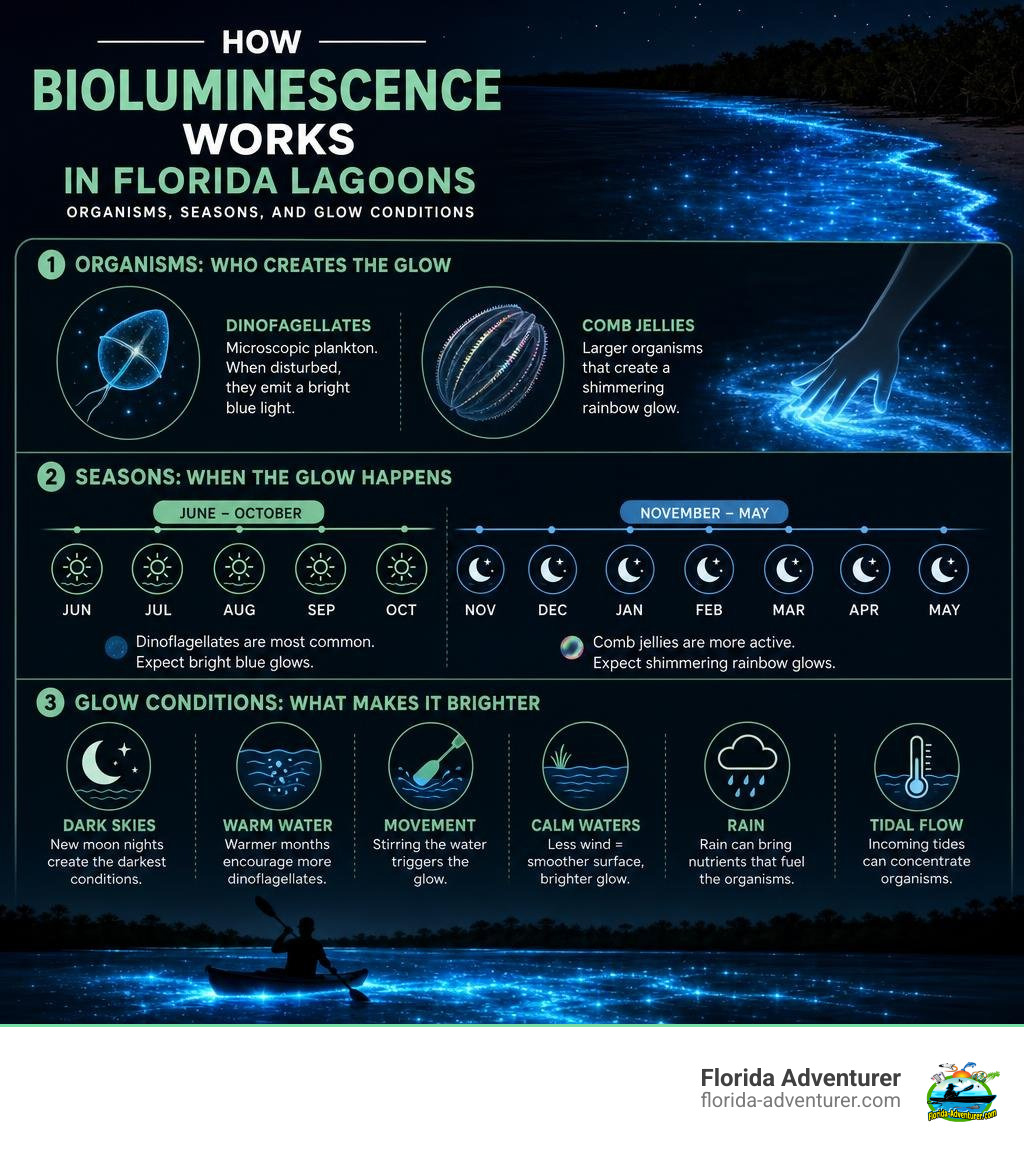 How bioluminescence works in Florida lagoons — organisms, seasons, and glow conditions infographic How bioluminescence works in Florida lagoons — organisms, seasons, and glow conditions infographic