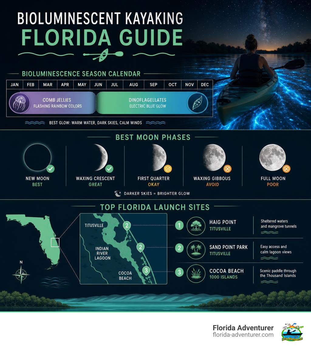 Infographic showing bioluminescence season calendar, best moon phases, and top Florida launch sites infographic Infographic showing bioluminescence season calendar, best moon phases, and top Florida launch sites infographic