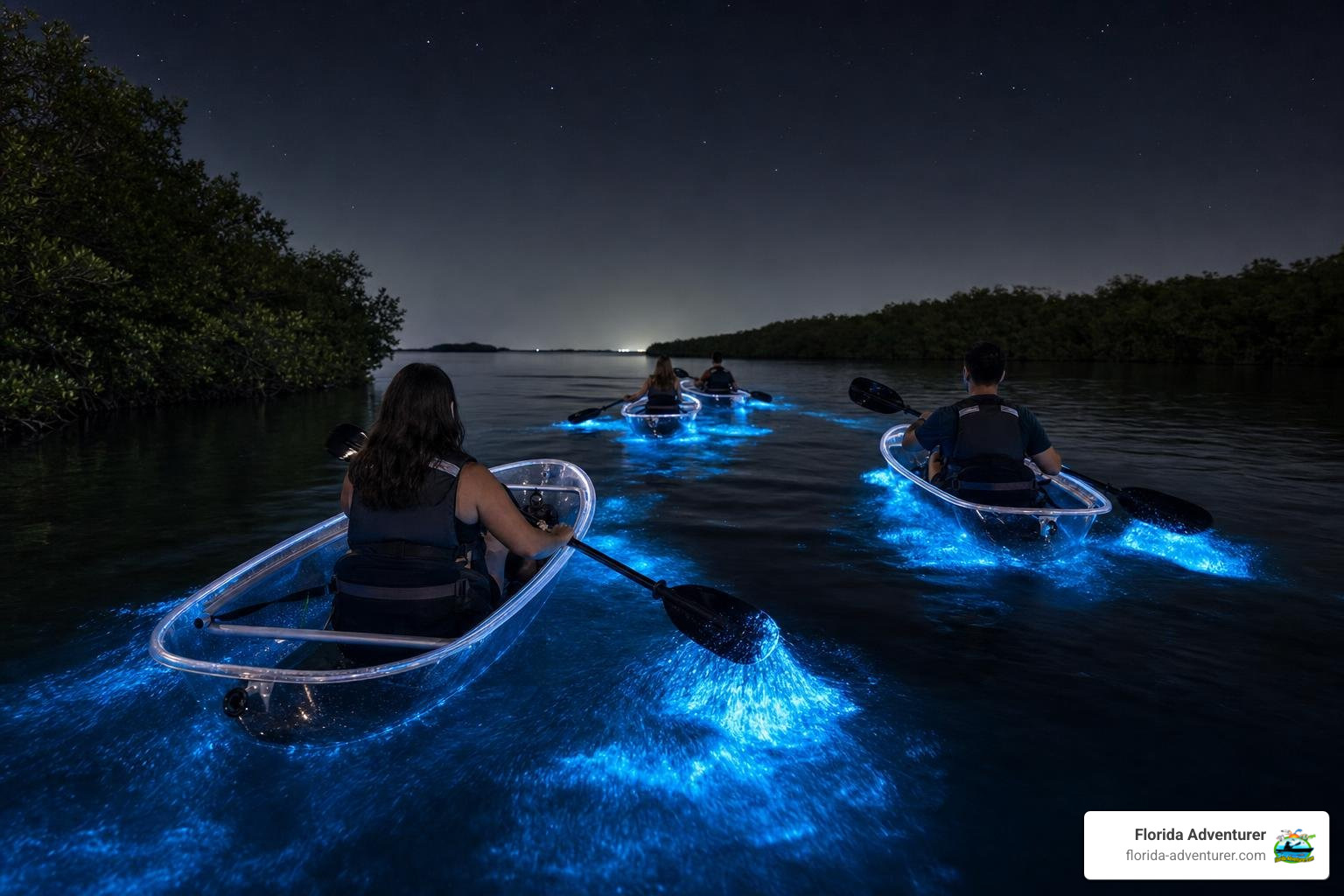 Paddlers in clear kayaks watching the water light up with bioluminescence Paddlers in clear kayaks watching the water light up with bioluminescence