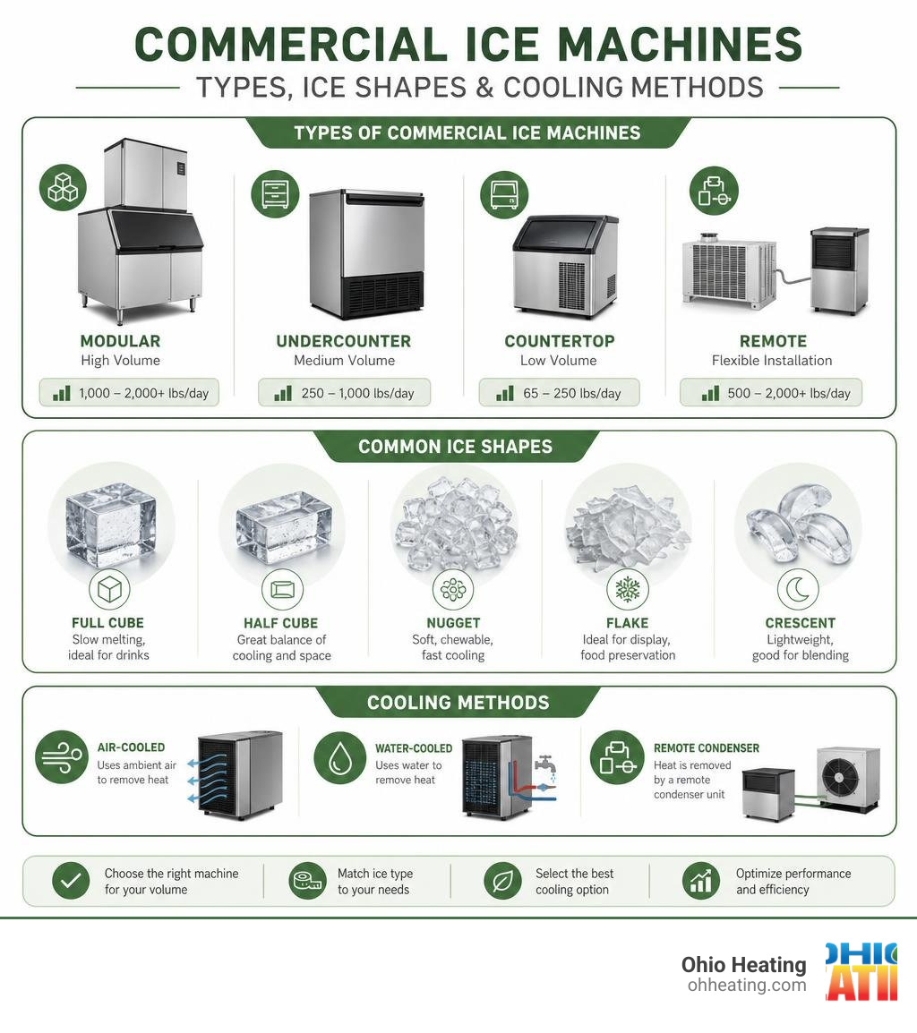 Infographic showing types of commercial ice machines, ice shapes, and cooling methods with capacity ranges infographic Infographic showing types of commercial ice machines, ice shapes, and cooling methods with capacity ranges infographic