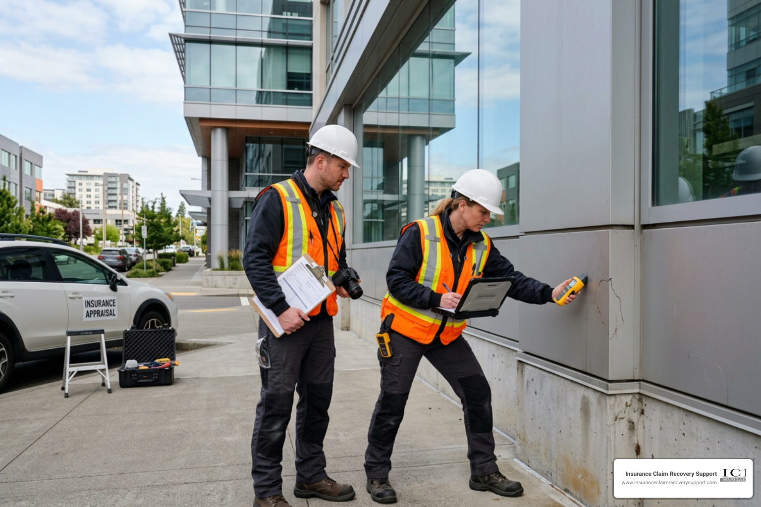 Commercial building inspection being conducted during the insurance appraisal process Commercial building inspection being conducted during the insurance appraisal process