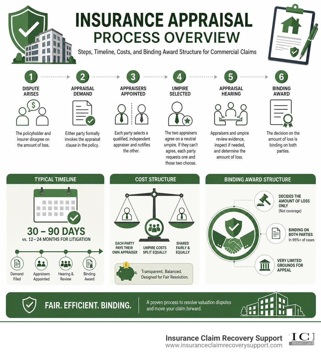 Insurance appraisal process overview: steps, timeline, costs, and binding award structure for commercial claims infographic Insurance appraisal process overview: steps, timeline, costs, and binding award structure for commercial claims infographic