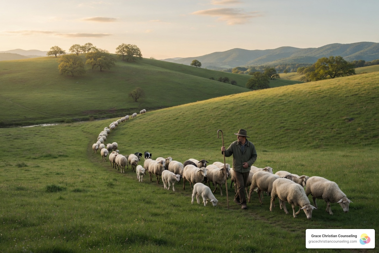 A peaceful green landscape with a shepherd guiding his sheep under soft sunlight