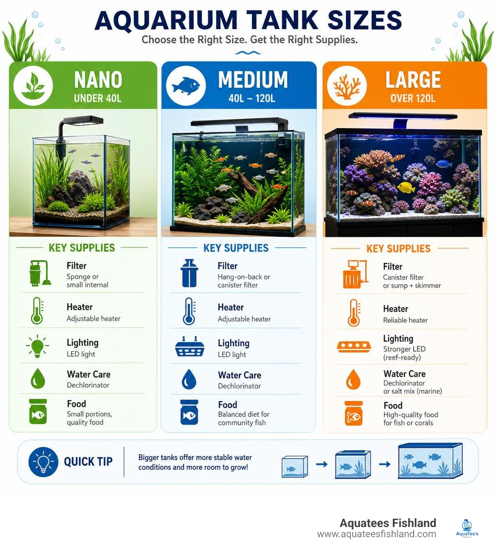Infographic comparing aquarium tank sizes: Nano under 40L, Medium 40 to 120L, Large over 120L with key supply requirements
