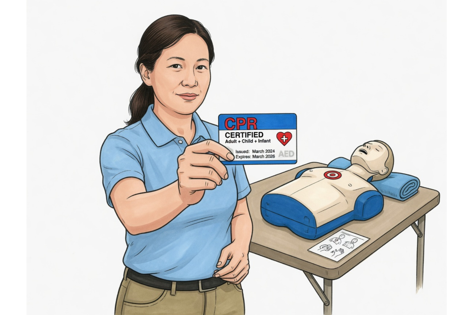 A 2D hand-drawn illustration of a student holding an official CPR certification card next to a training manikin A 2D hand-drawn illustration of a student holding an official CPR certification card next to a training manikin