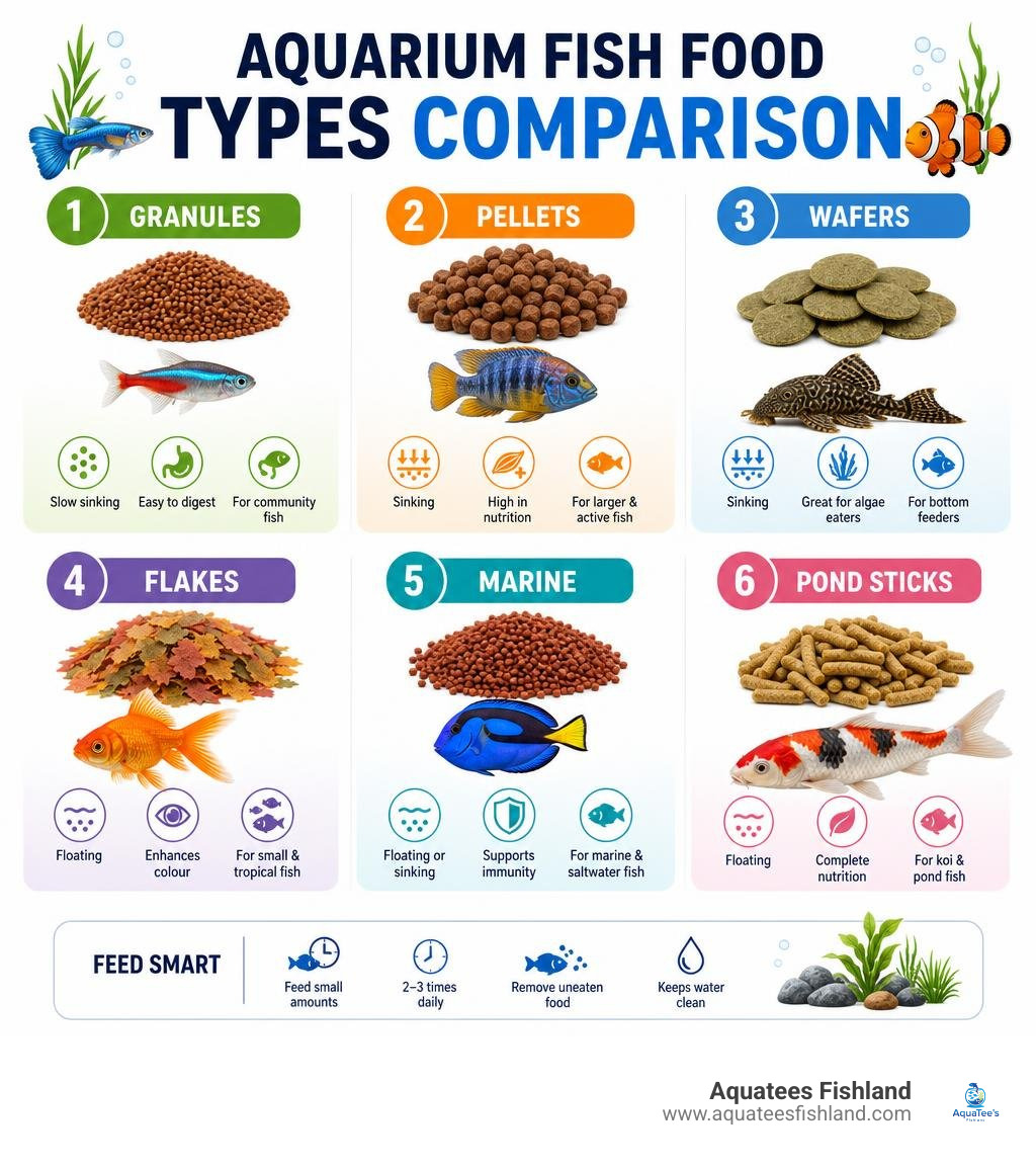 Aquarium fish food types comparison infographic: granules, pellets, wafers, flakes, marine, pond sticks infographic