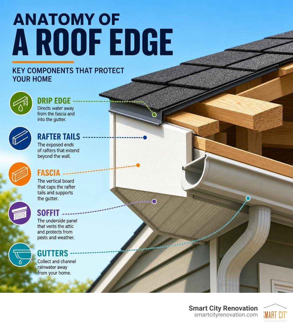 Anatomy of a roof edge showing fascia, soffit, drip edge, rafter tails, and gutters infographic Anatomy of a roof edge showing fascia, soffit, drip edge, rafter tails, and gutters infographic