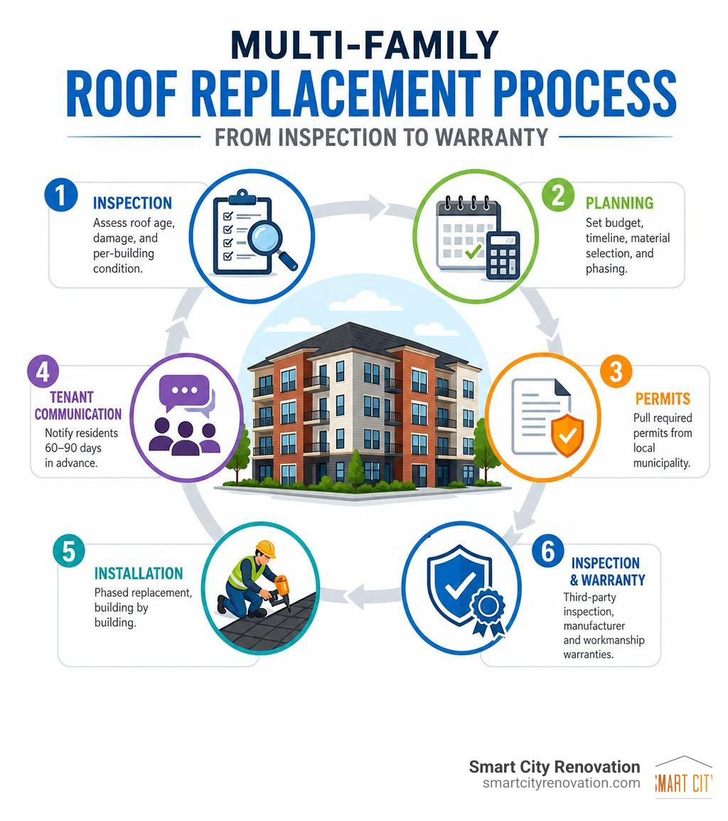 Multi-family roof replacement process from inspection to warranty infographic infographic Multi-family roof replacement process from inspection to warranty infographic infographic