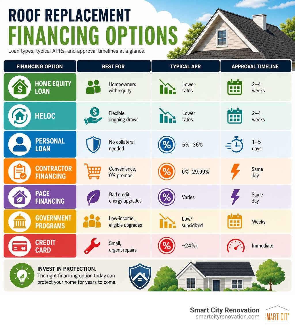Overview of roof replacement financing options including loan types, APRs, and approval timelines infographic Overview of roof replacement financing options including loan types, APRs, and approval timelines infographic