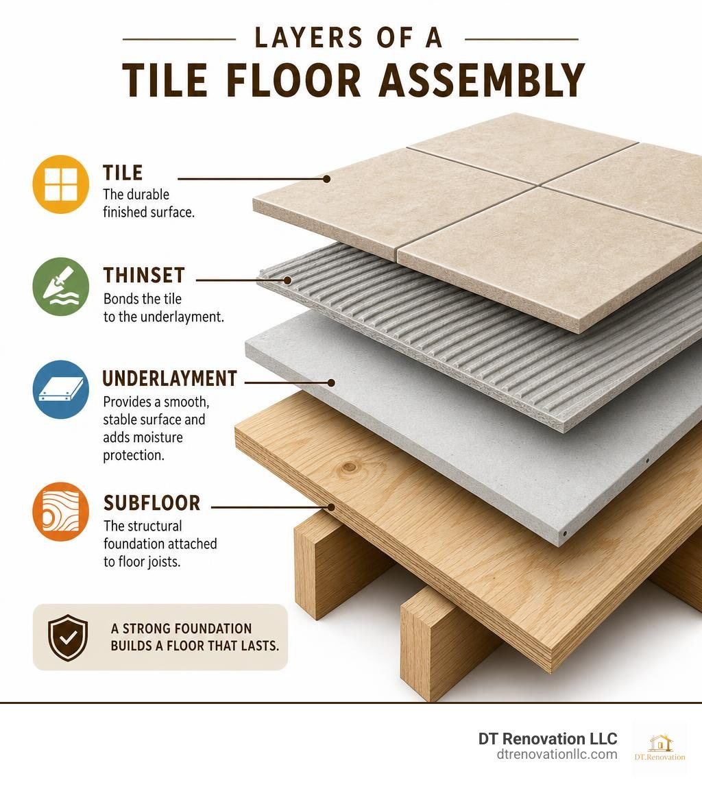 Layers of a tile floor assembly showing subfloor, underlayment, thinset, and tile infographic