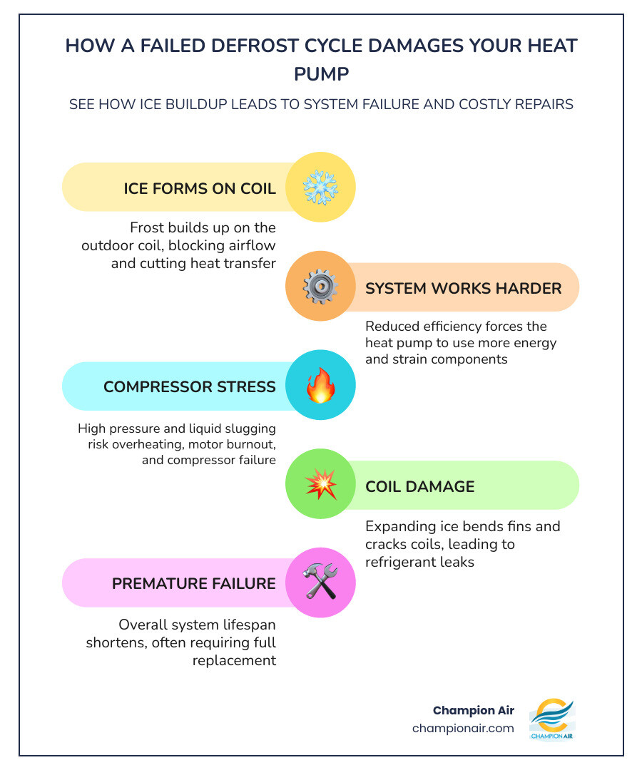 Infographic showing the heat pump defrost cycle failure chain from ice buildup to compressor damage infographic