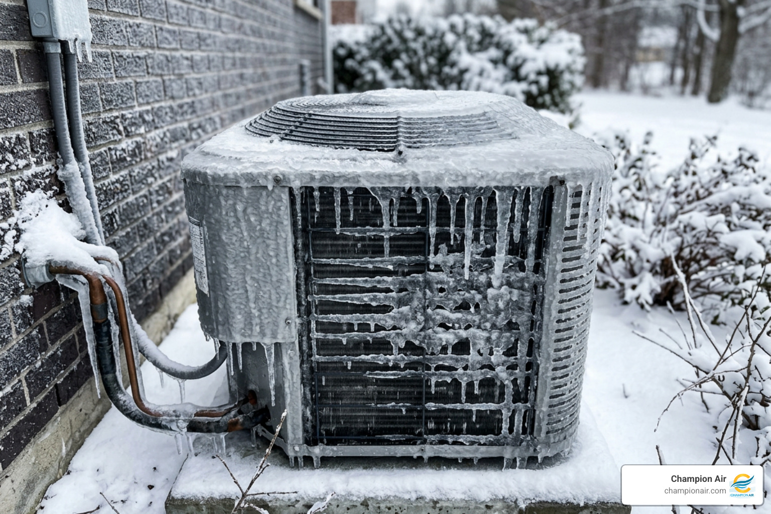 Thick solid ice encasing heat pump coils outdoor unit