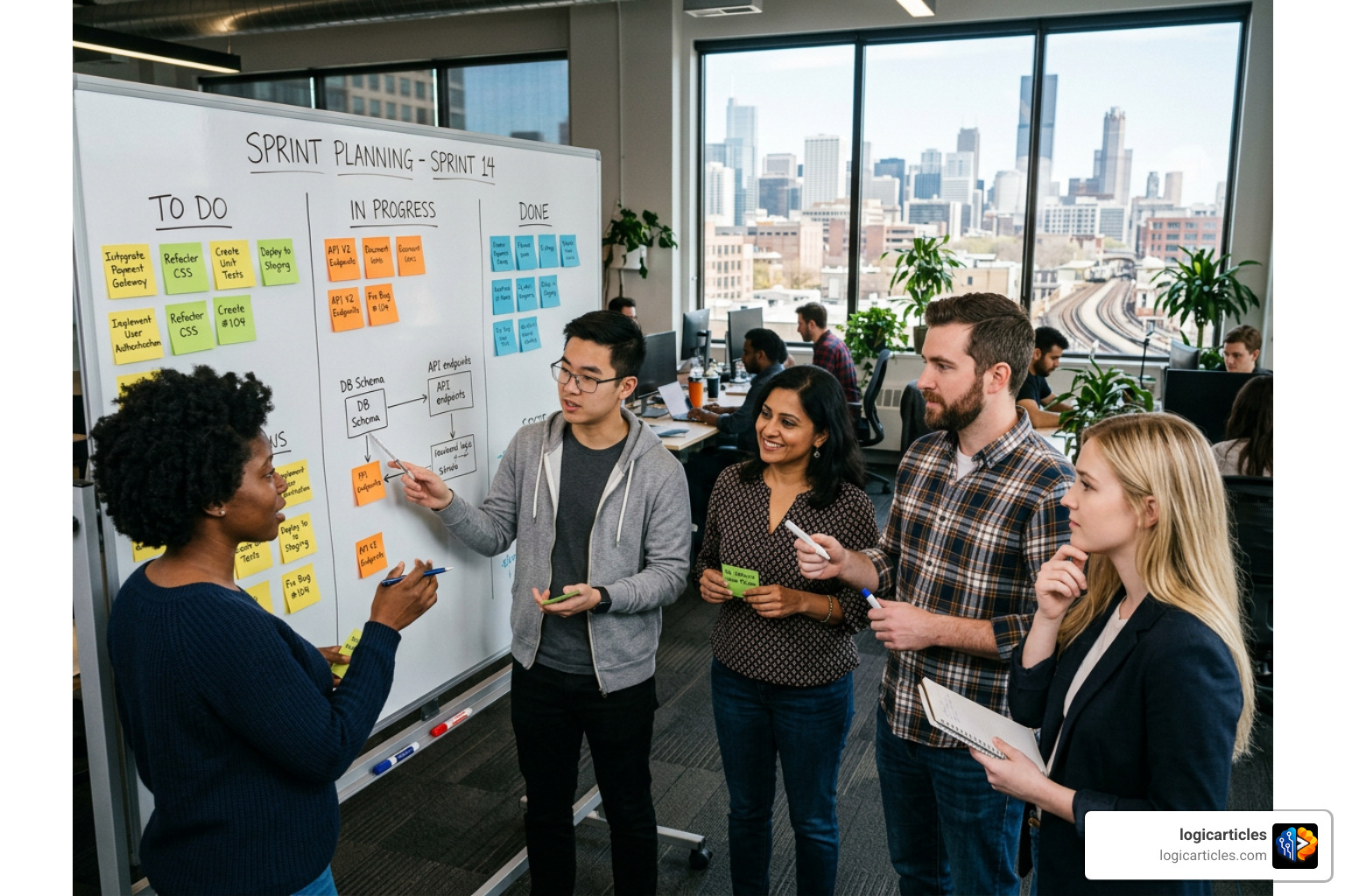 Agile sprint planning diagram showing product backlog, sprint backlog, 2-week sprint cycle, daily standups, and shipped