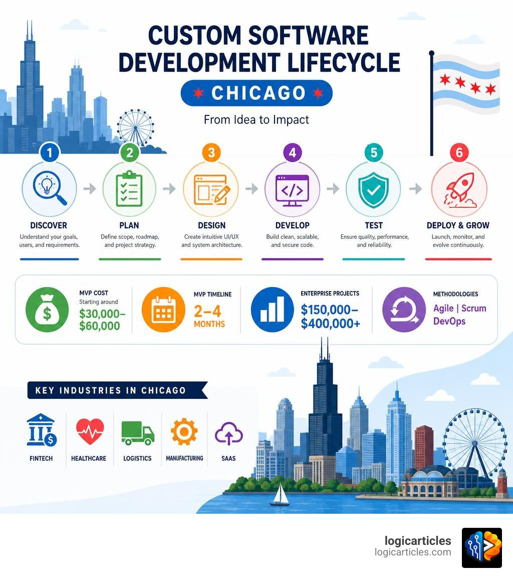 Custom software development lifecycle infographic showing MVP cost, timeline, phases, and key industries in Chicago