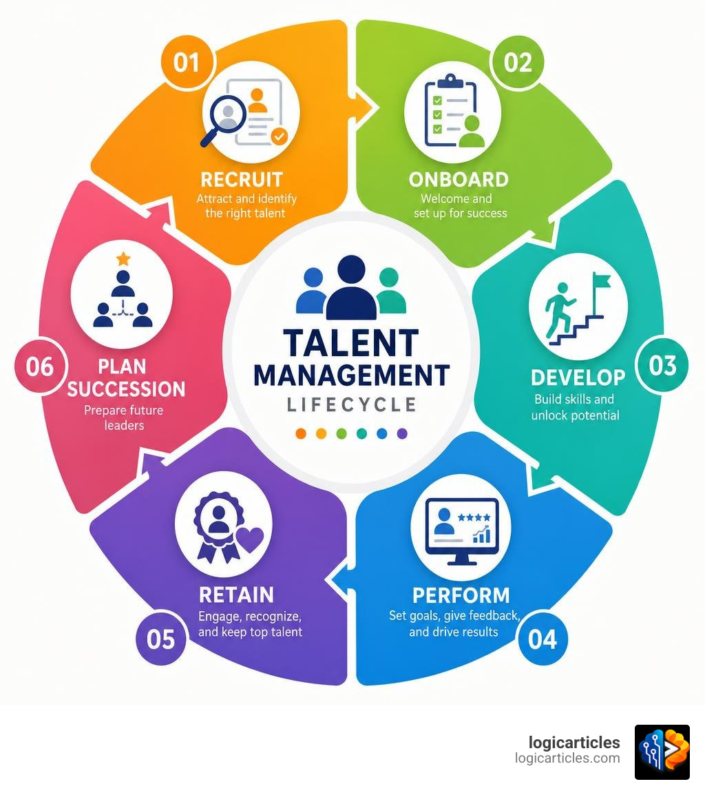 Talent management lifecycle infographic: recruit, onboard, develop, perform, retain, and plan succession infographic Talent management lifecycle infographic: recruit, onboard, develop, perform, retain, and plan succession infographic