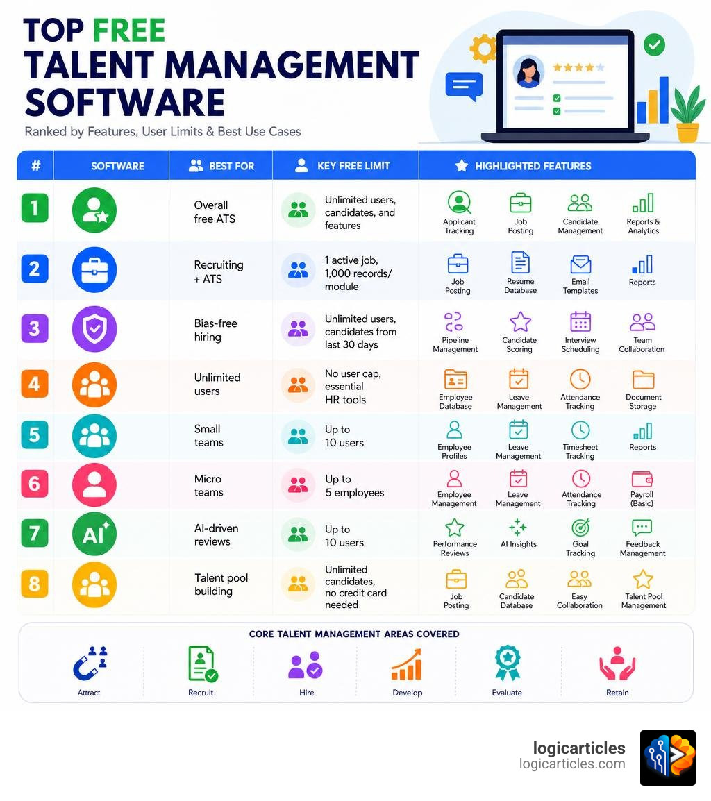 Infographic showing top free talent management software options ranked by features, user limits, and best use cases Infographic showing top free talent management software options ranked by features, user limits, and best use cases