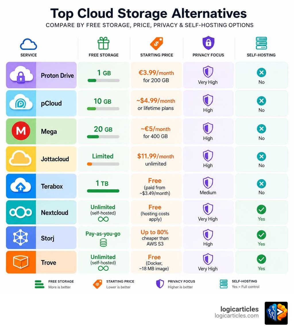Overview infographic comparing top cloud storage alternatives by free storage, price, privacy, and self-hosting options Overview infographic comparing top cloud storage alternatives by free storage, price, privacy, and self-hosting options