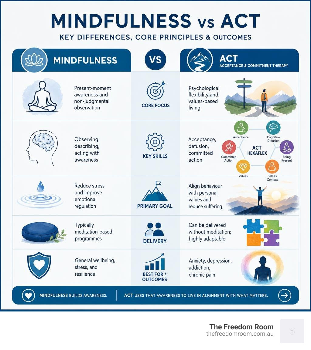 Mindfulness vs ACT key differences core principles and outcomes comparison infographic infographic