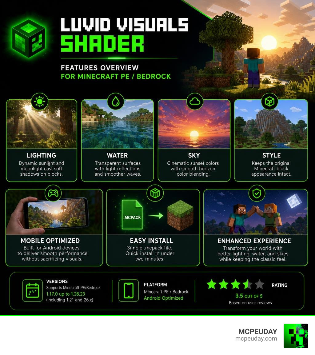 Luvid Visuals Shader features overview infographic for Minecraft PE Bedrock infographic Luvid Visuals Shader features overview infographic for Minecraft PE Bedrock infographic