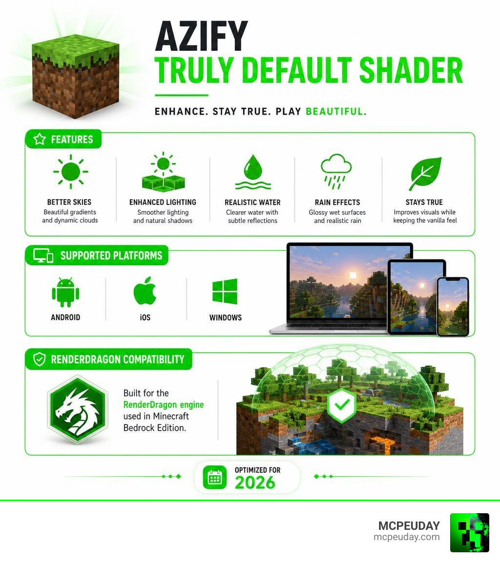 Infographic showing AziFy Truly Default Shader features, supported platforms, and RenderDragon compatibility in 2026