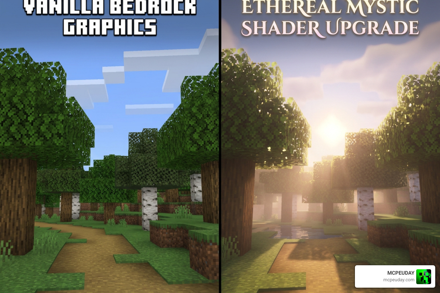 Side-by-side comparison of vanilla Bedrock graphics versus the Ethereal Mystic Shader upgrade Side-by-side comparison of vanilla Bedrock graphics versus the Ethereal Mystic Shader upgrade
