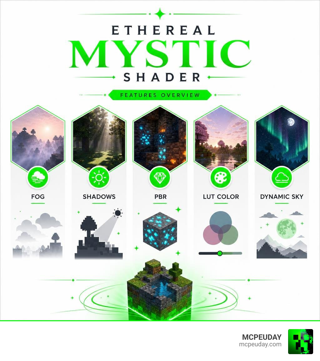Ethereal Mystic Shader features overview infographic: fog, shadows, PBR, LUT color, dynamic sky infographic Ethereal Mystic Shader features overview infographic: fog, shadows, PBR, LUT color, dynamic sky infographic