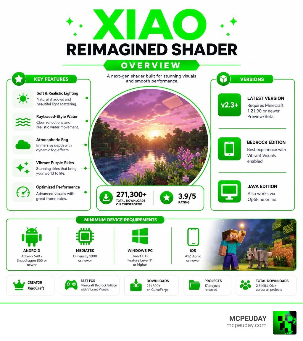 Xiao Reimagined Shader overview infographic with features versions and device requirements infographic