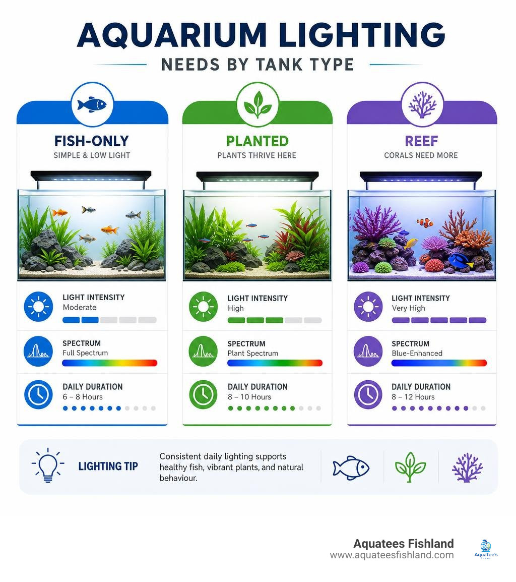 Infographic comparing aquarium lighting needs by tank type: fish-only, planted, reef infographic