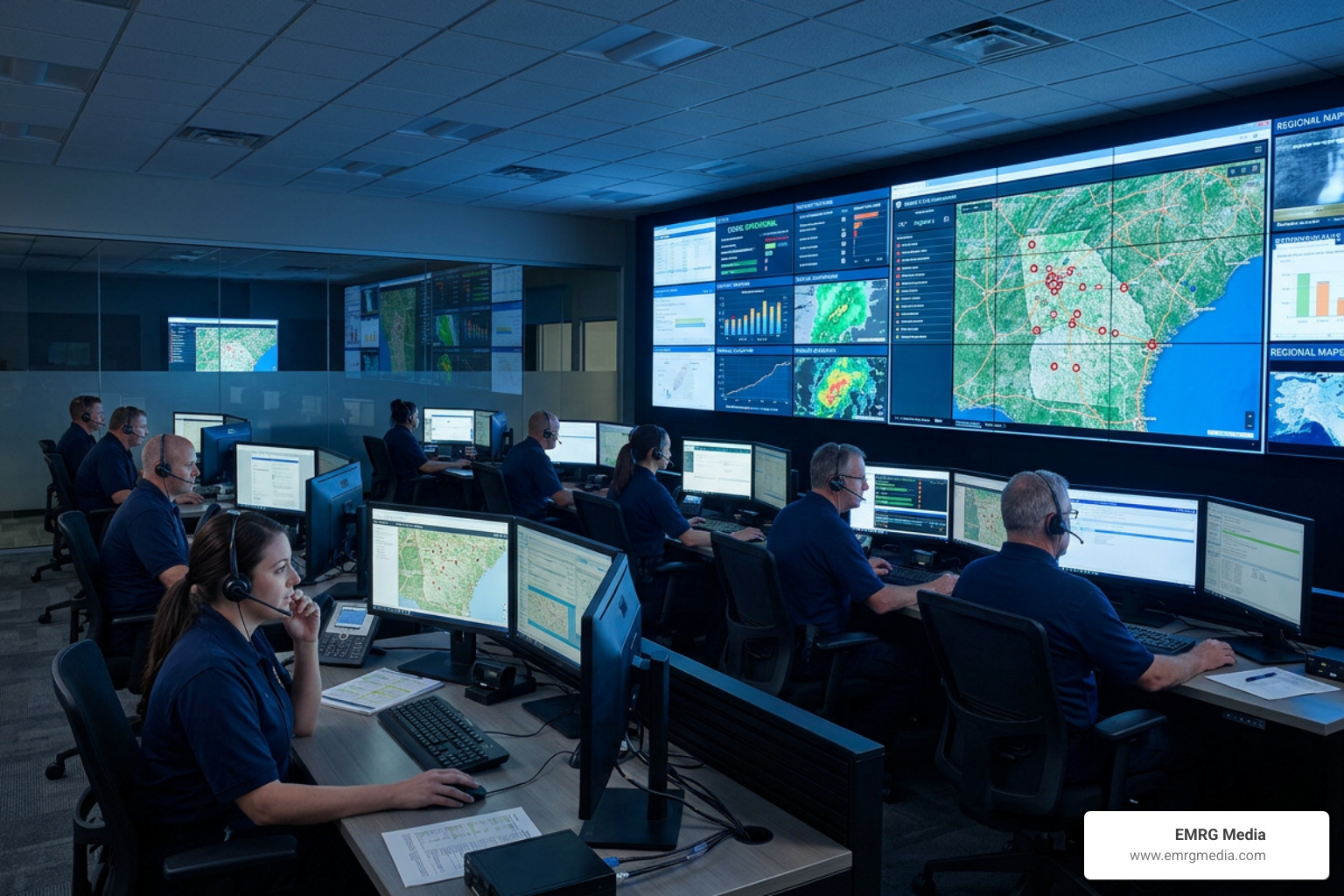 Modern emergency operations center with digital screens and professional operators Modern emergency operations center with digital screens and professional operators