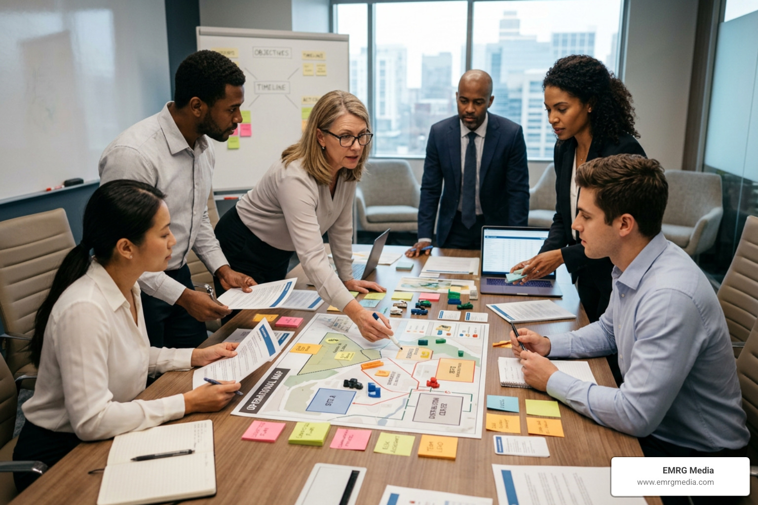 Corporate tabletop simulation exercise showing professional team collaborating around a table Corporate tabletop simulation exercise showing professional team collaborating around a table