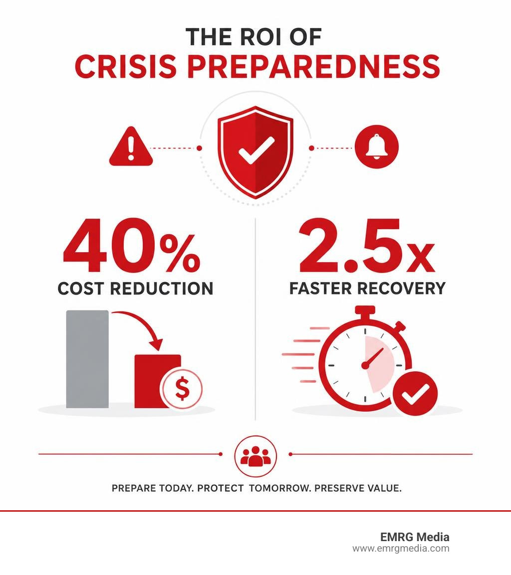 Infographic showing the ROI of crisis preparedness: 40% cost reduction and 2.5x faster recovery infographic Infographic showing the ROI of crisis preparedness: 40% cost reduction and 2.5x faster recovery infographic